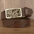 Men's leather belt with retro dragon metal automatic buckle, embossed cowhide strap for jeans business. - 110cm / Coffee Square Panel Dragon Silver Buckle