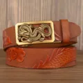 Men's embossed dragon leather belt with automatic metal buckle, vintage business style brown strap. - 110cm / Khaki Square Panel Dragon Gold Buckle