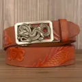 Men's brown leather belt with embossed dragon automatic buckle ethnic style casual jeans belt - 110cm / Khaki Square Panel Dragon Silver Buckle