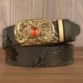 Men's leather belt with dragon buckle, vintage embossed automatic ratchet strap and red stone accent. - Large Dragon Black Red Ruby Gold Buckle / 110cm