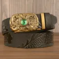 Men's ethnic dragon embossed leather belt with stylish automatic gold buckle and green stone. - Large Dragon Black Green Emerald Gold Buckle / 110cm