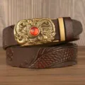 Men's leather belt with dragon buckle and red stone embossing automatic business style - Large Dragon Brown Red Ruby Gold Buckle / 110cm