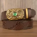 Men's leather belt with dragon carved automatic buckle and green gemstone accent variant. - Large Dragon Brown Green Emerald Gold Buckle / 110cm