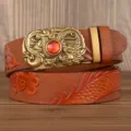 Men's brown leather belt with dragon buckle and embossed patterns, business style variant. - 110cm / Large Dragon Yellow Red Gemstone Gold Buckle