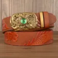Men's embossed cowhide leather belt with retro brass dragon buckle and green gemstone decor. - 110cm / Large Dragon Yellow Green Gemstone Gold Buckle