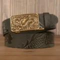 Men's leather belt with dragon buckle, automatic metal clasp, business casual embossed strap. - 110cm / Large Dragon Pattern Black Square Dragon Gold Buckle