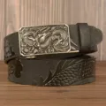 Men's black leather belt featuring an intricate metallic dragon buckle and dragon scale patterns. - 110cm / Black Square Dragon Silver Buckle