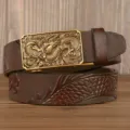 Men's leather belt with dragon relief automatic buckle, business casual cowhide strap. - 110cm / Coffee Square Dragon Gold Buckle