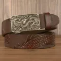 Men's Dragon Embossed Cowhide Leather Belt Automatic Buckle Brown Business Casual - 110cm / Coffee Square Dragon Silver Buckle