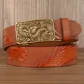 Men's leather automatic buckle belt with dragon embossed retro brown style variant. - 110cm / Khaki Square Dragon Gold Buckle