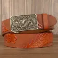 Brown mens leather belt with dragon buckle, embossed dragon scale strap, business casual style. - 110cm / Khaki Square Dragon Silver Buckle
