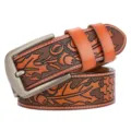 Vintage floral carved mens leather belt brown casual cowhide jeans belt with pin buckle - Orange Leaf Pattern