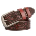 Men's retro embossed brown leather belt with metal pin buckle and contrast stitching. - Reddish Brown Leaf Pattern