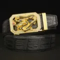 Men's crystal dragon auto buckle leather belt detail shot showcasing metal dragon motif. - Black Crocodile Pattern Gold Buckle / 110cm