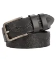 Detailed shot of men leather belt featuring exquisite embossed dragon pattern and metal buckle. - Black Dragon