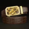 Men's luxury rhinestone dragon automatic buckle belt top layer cowhide leather business pants belt - Coffee Crocodile Pattern Gold Buckle / 110cm