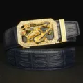 Men luxury dress belt with gold rhinestone dragon automatic buckle and blue leather strap. - Blue Crocodile Pattern Gold Buckle