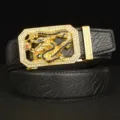 Detailed view of luxury men's black leather belt with gold rhinestone dragon auto buckle. - Black Crocodile Claw Pattern Gold Buckle / 110cm