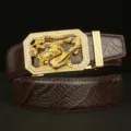 Men's leather belt featuring a gold rhinestone dragon automatic buckle and crocodile pattern. - Coffee Crocodile Claw Pattern Gold Buckle / 110cm