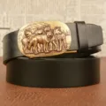 Men's leather belt automatic buckle casual business belt with wolf relief metal buckle stylish design - Black Flat Base Five Wolves Bronze Buckle / 110cm