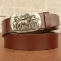Men's genuine leather business casual belt with alloy wolf head relief buckle stylish automatic design. - Coffee Flat Base Five Wolves Silver Buckle / 110cm