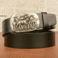 Men's automatic buckle leather belt with detailed wolf pack metal buckle, business and casual style. - Black Flat Base Five Wolves Silver Buckle / 110cm