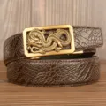Men's retro dragon buckle leather belt with crocodile pattern for business casual wear. - Coffee Crocodile Claw Pattern Square Coiled Dragon Gold Buckle