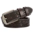 Men vintage embossed leather belt stylish brown cowhide jeans belt with silver buckle - Coffee Leaf Pattern