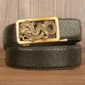 Men retro dragon automatic buckle belt top layer cowhide crocodile pattern business casual - Black Snakeskin Pattern Square Coiled Dragon Gold Buckle