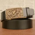 Men's automatic buckle leather belt with vintage dragon metal design for casual jeans. - 110cm / Black Antique Copper Buckle