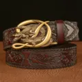 Men's vintage automatic buckle leather belt with crocodile buckle for men daily wear - Brown Gold Buckle / 120cm