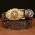 Vintage men's leather belt with dragon buckle and carved strap, retro casual trousers accessory. - 110cm / Brown Gold Dragon Buckle