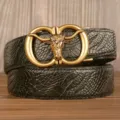 Men leather belt automatic metal bull buckle casual vintage business trousers belt black - Black Crocodile Claw Pattern Bull Head Gold Buckle