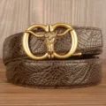Men brown leather belt with retro bull head automatic metal buckle and crocodile texture main view - Coffee Crocodile Claw Pattern Bull Head Gold Buckle / 120cm