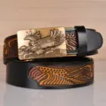 Men's leather belt featuring a metallic embossed eagle automatic buckle and stylish strap. - 110cm / Black with Antique Bronze Buckle