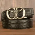 Stylish men's leather belt featuring bull head automatic buckle and black crocodile pattern. - Black Crocodile Pattern Bull Head Silver Buckle