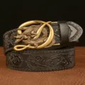 Men retro crocodile automatic buckle leather belt luxury embossed business casual waist belt - Black Gold Buckle / 120cm