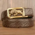 Men retro genuine leather belt with gold tiger automatic buckle and stylish embossed texture. - Brown Crocodile Claw Pattern Gold Buckle