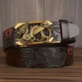 Mens genuine leather belt with 3d dragon automatic metal buckle casual vintage style - Coffee Double Dragon Pattern Z Gold Buckle / 120cm