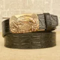 Men's leather belt automatic buckle retro eagle claw design black crocodile pattern waist strap - 110cm / Gold Eagle Claw / Black