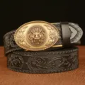 Vintage automatic buckle men's leather belt with dragon motif and embossed strap casual - 110cm / Black Gold Dragon Buckle
