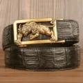 Men's leather belt with retro 3D tiger automatic metal buckle rolled on display - Black Crocodile Pattern Gold Buckle