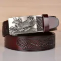 Men's leather belt with eagle buckle casual vintage brown strap stylish business accessory - 110cm / Coffee with Antique Silver Buckle