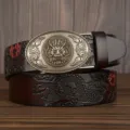 Men's leather belt featuring vintage dragon buckle and embossed cowhide strap. Perfect fit. - 105cm / Coffee Double Dragon Pattern Oval Dragon Head Silver Buckle