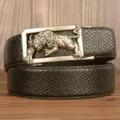 Men's leather belt featuring a detailed 3D tiger metal automatic buckle and textured strap. - Black Snake Skin Pattern Silver Buckle