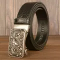 Men's automatic buckle leather belt with detailed dragon relief and crocodile pattern strap. - Black American Crocodile Silver Dragon Buckle / 120cm