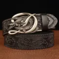 Men's vintage retro carved cowhide leather belt with cool crocodile automatic buckle. - Black Silver Buckle / 120cm