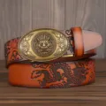 Men's retro cowhide leather belt featuring an intricate embossed dragon buckle and strap. - Earth Yellow Double Dragon Pattern Oval Dragon Head Gold Buckle