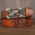 Men's leather belt with dragon automatic buckle and embossed cowhide pattern stylish. - Khaki Double Dragon Pattern Z Silver Buckle
