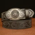 Retro dragon buckle men's leather belt embossed cowhide casual automatic belt fashion. - 110cm / Black Silver Dragon Buckle